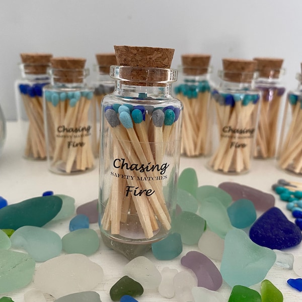 Seaglass colored safety matches (1.9 inches) in an apothecary bottle. Three bottles.