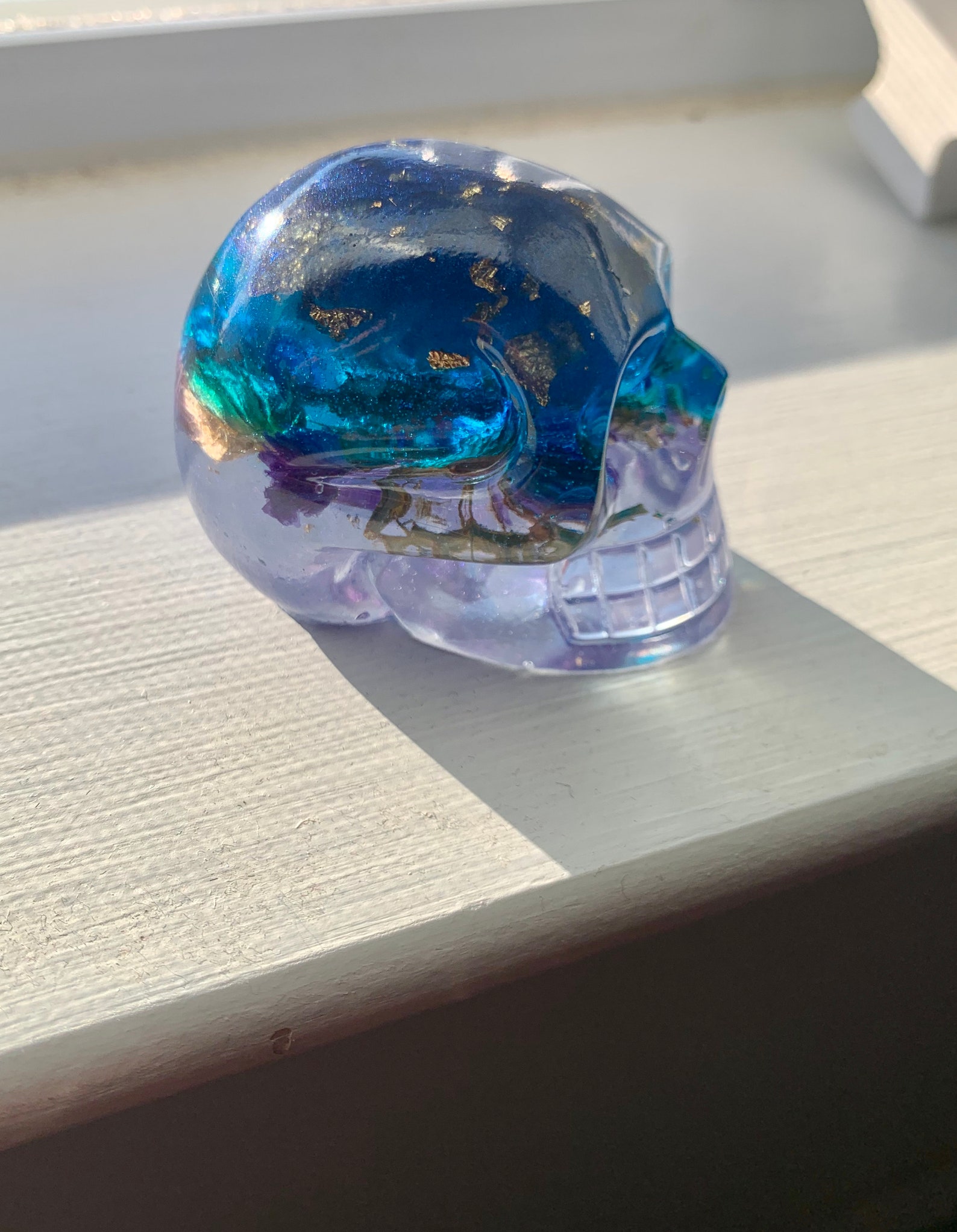Layered Blue Resin Skull With Dried Flowers and Gold Flakes Etsy UK