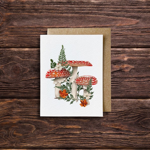 Mushroom Card with Envelope Botanical Mushroom Blank Card Cottagecore Stationery Red Mushroom Card Lover Whimsical Gift Fungi Card