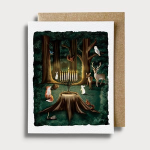 Hanukkah Forest Card with Envelope Glowing Forest Menorah Forest Card for Hanukkah Woodland Animals Card Whimsical Hanukkah Card