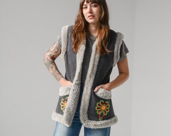 Vintage 70s Embroidered Afghan Shearling Suede Vest // XS-S