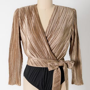 Vintage 80s Jeanne Marc Bronze Plisse Wrap Tie Bodysuit // Medium