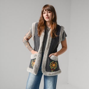 Vintage 70s Embroidered Afghan Shearling Suede Vest // XS-S image 1