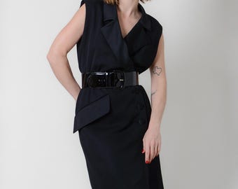 Vintage 1990 SS YSL Rive Gauche Black Wool Wrap Dress // XS