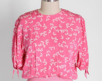 Vintage 80s Ungaro Pink Butterfly Silk Jacquard Tie Sleeve Blouse Top / Small