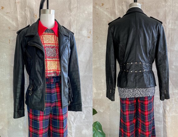 80s // Wilsons Belted Studded Leather Moto Jacket