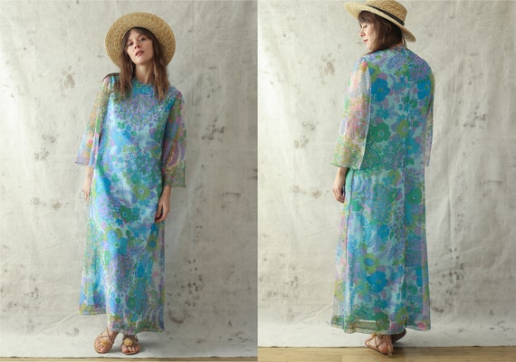 1960s Nat Kaplan Couture Bejeweled Chifon Floral B