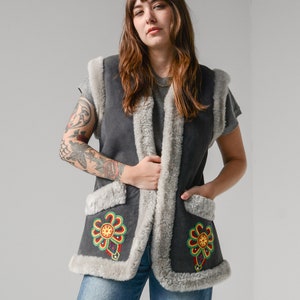 Vintage 70s Embroidered Afghan Shearling Suede Vest // XS-S image 3