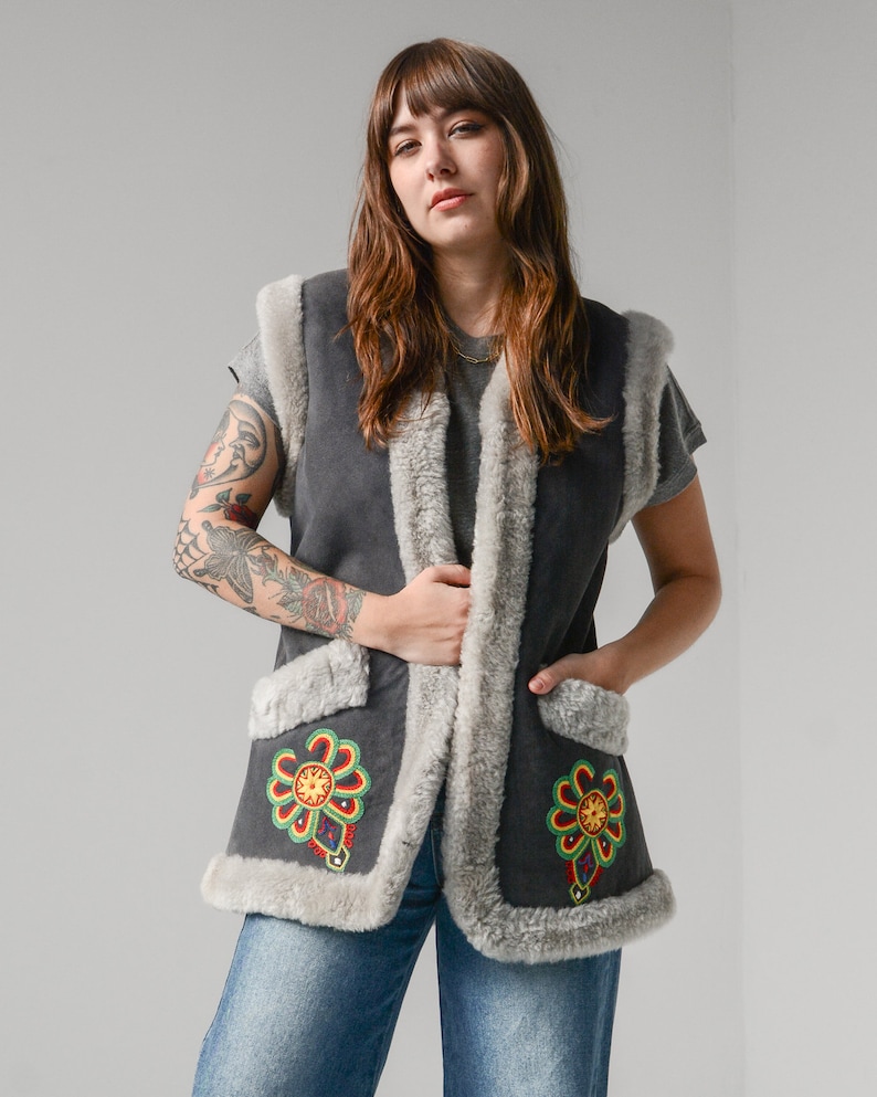 Vintage 70s Embroidered Afghan Shearling Suede Vest // XS-S image 3