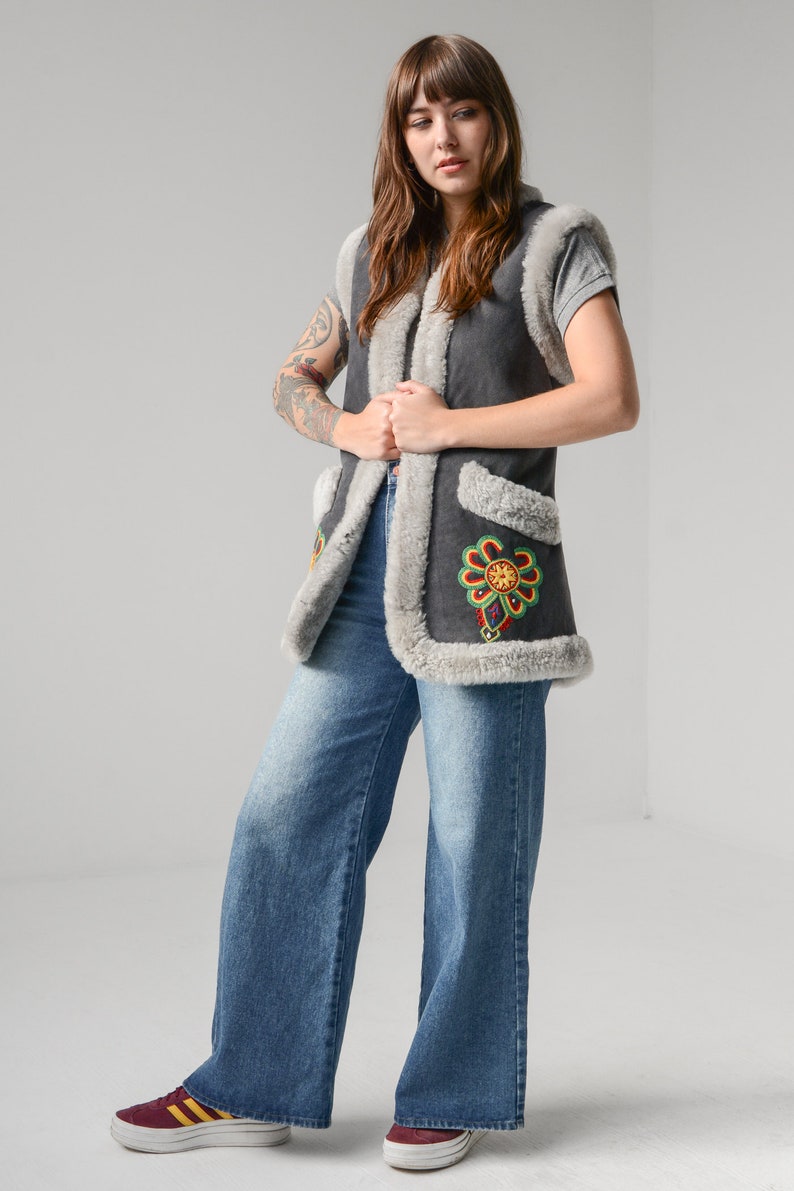 Vintage 70s Embroidered Afghan Shearling Suede Vest // XS-S image 2