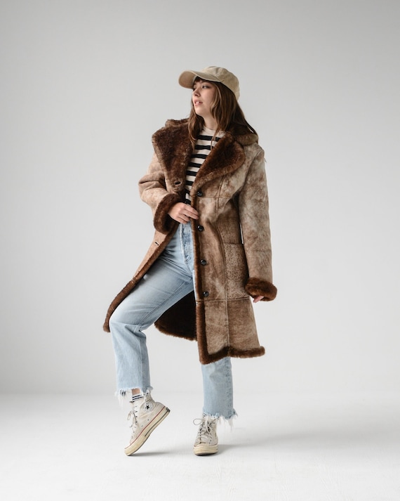 Vintage 70s Chocolate Sheepskin Shearling Suede P… - image 1