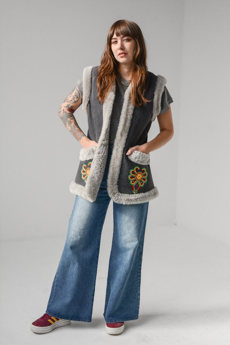 Vintage 70s Embroidered Afghan Shearling Suede Vest // XS-S image 1