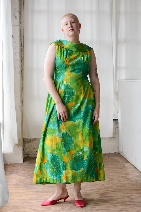 Vintage 60s Citrus Floral Barkcloth Cape Back Maxi Dress // S-M