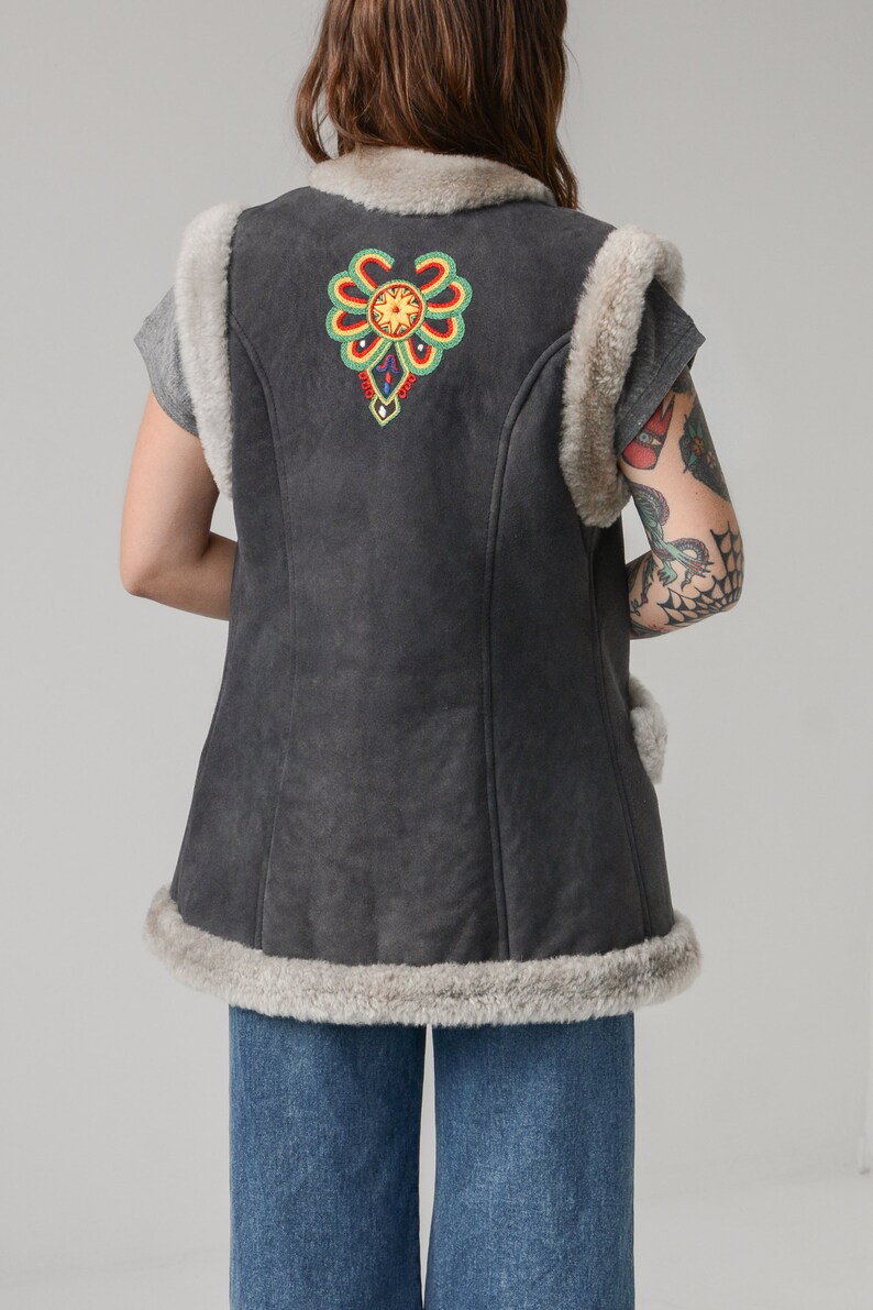 Vintage 70s Embroidered Afghan Shearling Suede Vest // XS-S image 4