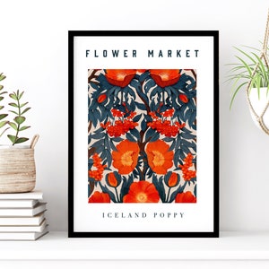 Flower Market Print - repeat pattern of the Icelandic Poppy - Black frame Wall Art - Living room Art -Iceland poppy - Large format