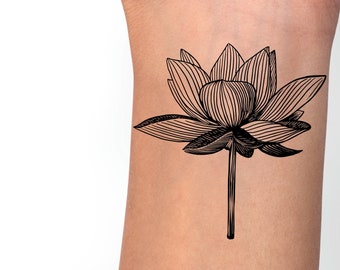 Detailed Lotus Temporary Tattoo: Waterproof Floral Skin Decal