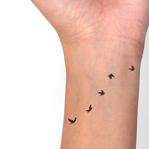 Flying Birds Temporary Tattoo - 5 Birds in Line. Waterproof & Eco-Friendly. Micro Tattoo. Plus Bonus Tattoo Included!