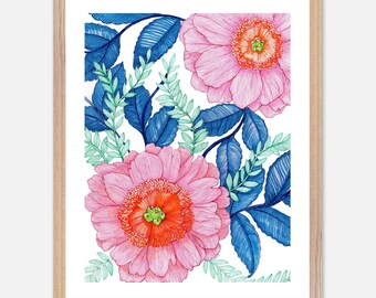 ピンクの花柄インク画額装アートプリント、植物画、木製フレームのホームデコレーション