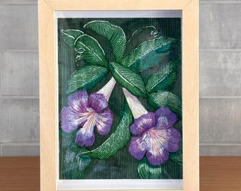Trumpet Vine Line Drawing, Green Framed Natural Wood, Original Art