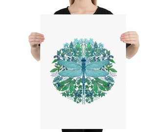 Dragonfly Floral Art Print – Teal & Green Yoga Studio Wall Decor