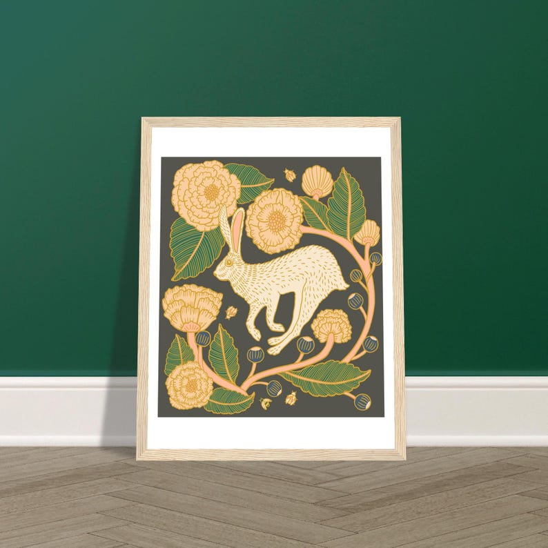 Plakat w stylu secesyjnym „Królik i kwiaty” w drewnianej ramie, 27 x 35 cm / 11 x 14 cali zdjęcie 2