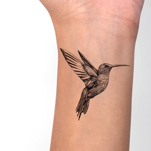 Hummingbird Temporary Tattoo, 3 inch,  long lasting skin decal - Realistic - Exquisite Original Drawing, Waterproof, plus a bonus tattoo!