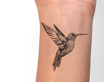 Hummingbird Temporary Tattoo, 3 inch,  long lasting skin decal - Realistic - Exquisite Original Drawing, Waterproof, plus a bonus tattoo!