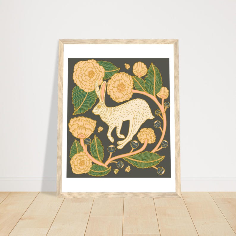 Plakat w stylu secesyjnym „Królik i kwiaty” w drewnianej ramie, 27 x 35 cm / 11 x 14 cali zdjęcie 3