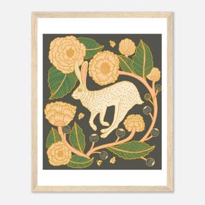 Plakat w stylu secesyjnym „Królik i kwiaty” w drewnianej ramie, 27 x 35 cm / 11 x 14 cali zdjęcie 1