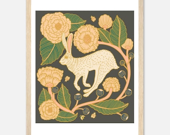 Art Nouveau Rabbit and Flowers in a Wooden Framed Poster 27x35 cm / 11x14″