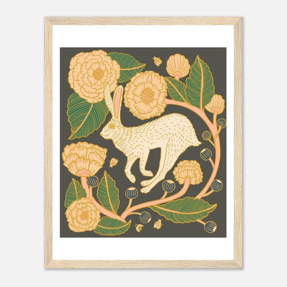 Art Nouveau Rabbit and Flowers in a Wooden Framed Poster 27x35 cm / 11x14″