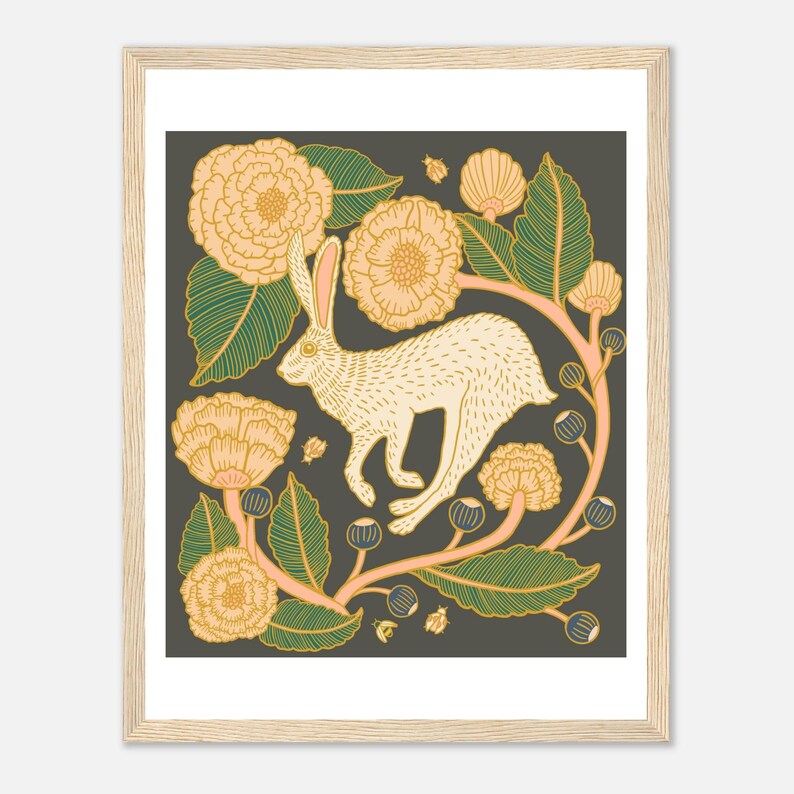 Plakat w stylu secesyjnym „Królik i kwiaty” w drewnianej ramie, 27 x 35 cm / 11 x 14 cali zdjęcie 1