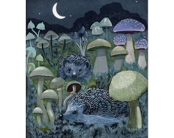 Hedgehog Mushroom Night Art Note Cards – Woodland Stationery Set (Pack of 10)