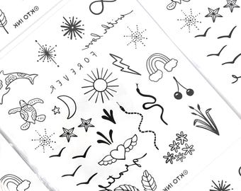 Minimalist Temporary Tattoo Sheet: Micro Fine Line Designs, Mini Stars, animals, moon, rainbow, botanicals