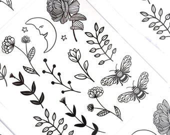 Minimalist Tattoo Sheet: Micro Floral, Bee, Moon, and Star Designs
