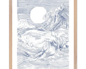 ミニマルな海の波の線画プリント、日本風の木製フレームポスター（16x20インチ）