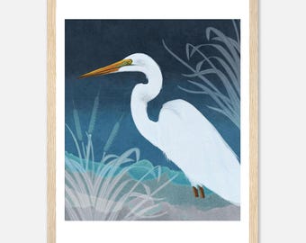 白サギの額入りアート、海岸の鳥のプリント、湿地の装飾、ミニマルな野生動物ポスター（11インチ×24インチ）