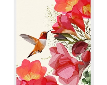 Bright Beautiful Hummingbird  and Freesia Flower Fine Art Framed Poster - Multiple Sizes