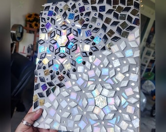 Mosaic Wall Art | Black White Iridescent Glass Tiles, Birch Wood (11x9 Inch)