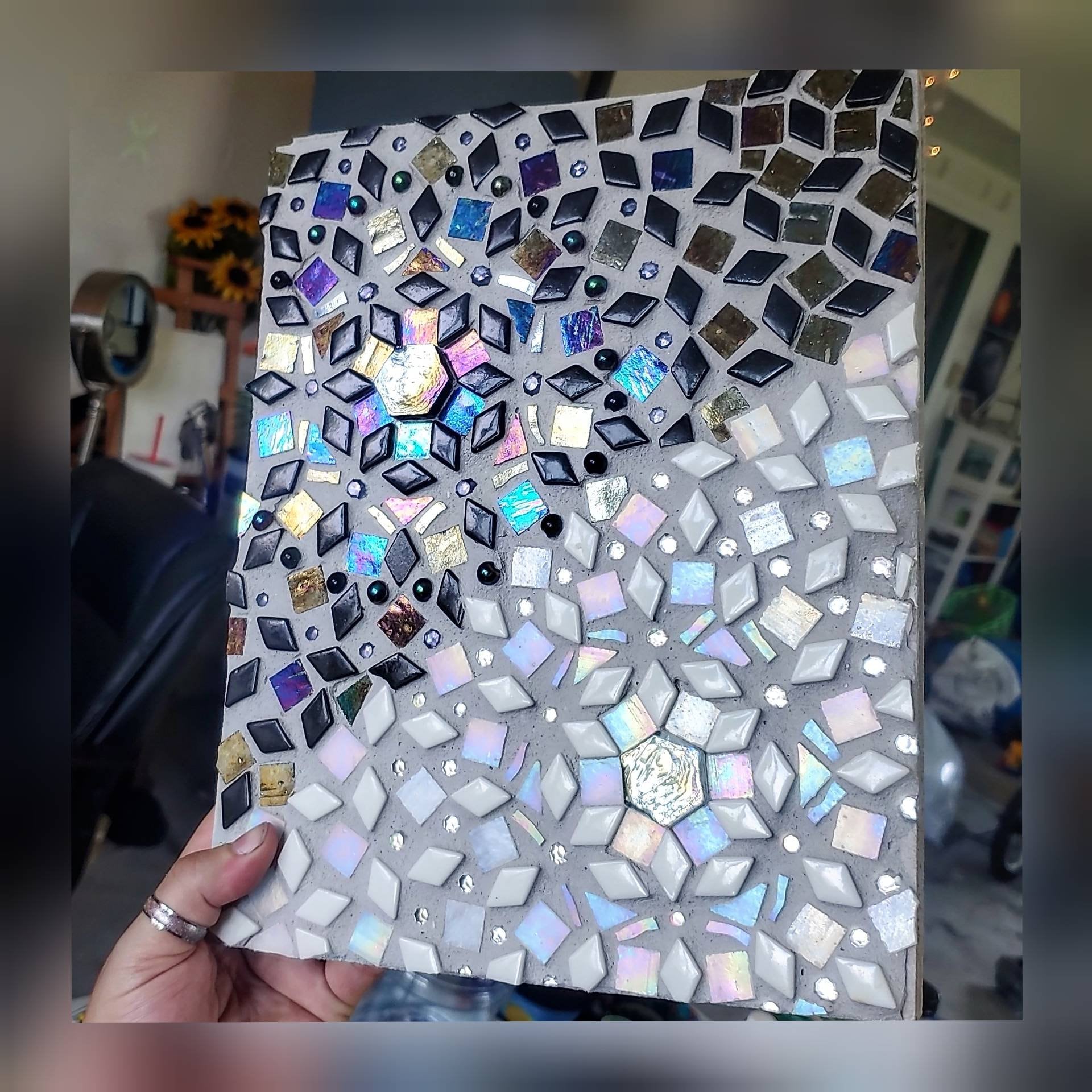 Mosaic Wall Art Black White Iridescent Glass Tiles, Birch Wood (11x9 Inch)