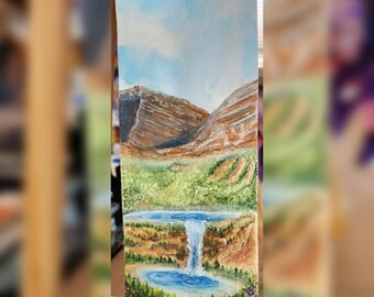 Hand-Painted Watercolor Waterfall Scene | Mountain Nature Art Print 8.25in x 3.5in