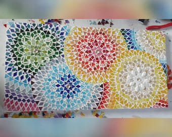Handmade Rainbow Mosaic Wall Art | Birch Wood Mandala Tiles 12x24 Inch