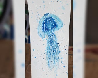 Hand-Painted Jellyfish Watercolor Art | Deep Blue Ocean Sea Creature Painting