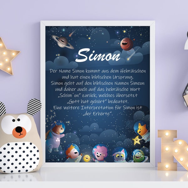 Name Poster Universe Animals Astronauts Planets Stars, Pictures Poster for Children's Room Baby Room, A5 A4 A3, Name Meaning - 0419