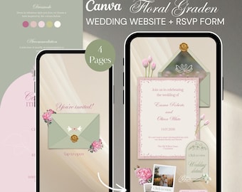Plantilla Canva para sitio web de invitaciones de boda florales / Diseño elegante de invitación digital móvil con sobre abierto y formulario RSVP