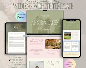 Modello di sito web per inviti di nozze floreali su Canva / Design floreale dai colori pastello tenui / Personalizzabile