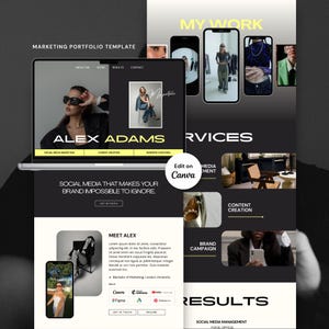 Puede incluir: Una plantilla de portafolio de marketing digital mostrada en una pantalla de computadora portátil y una interfaz móvil. El diseño presenta un esquema de color negro, blanco y amarillo con secciones para servicios, trabajo e información de contacto.