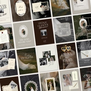 May include: A collage of wedding-themed marketing materials featuring various photographs of couples, lace-trimmed frames, envelopes, and elegant typography. The collection includes text such as Vintage Glamour Reimagined, Relive Your Story, and The Quiet Before I Do.