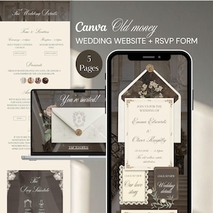Puede incluir: Una plantilla de sitio web de bodas digital con una paleta de colores crema y marrón oscuro. El diseño incluye un sobre con un sello de cera, ilustraciones florales y el texto "Canva Old money WEDDING WEBSITE + RSVP FORM", "Emma Edwards & Oliver Knightly" y "The Wedding Details".