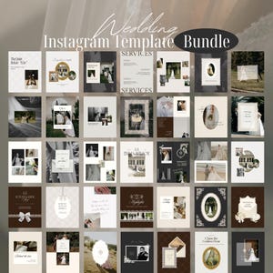 Peut inclure: Ensemble de modèles Instagram sur le thème du mariage, avec diverses mises en page. Les modèles présentent des photos, du texte et des éléments décoratifs dans des tons neutres. Le texte comprend "Wedding", "Instagram Template Bundle".